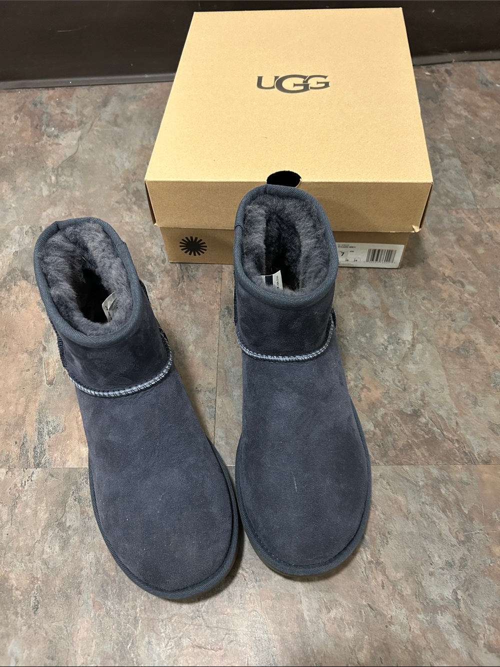 Women’s MINI II UGG Navy Short Suede Boot with Plush Shearling Size 7 EXCELLENT - Picture 13 of 16